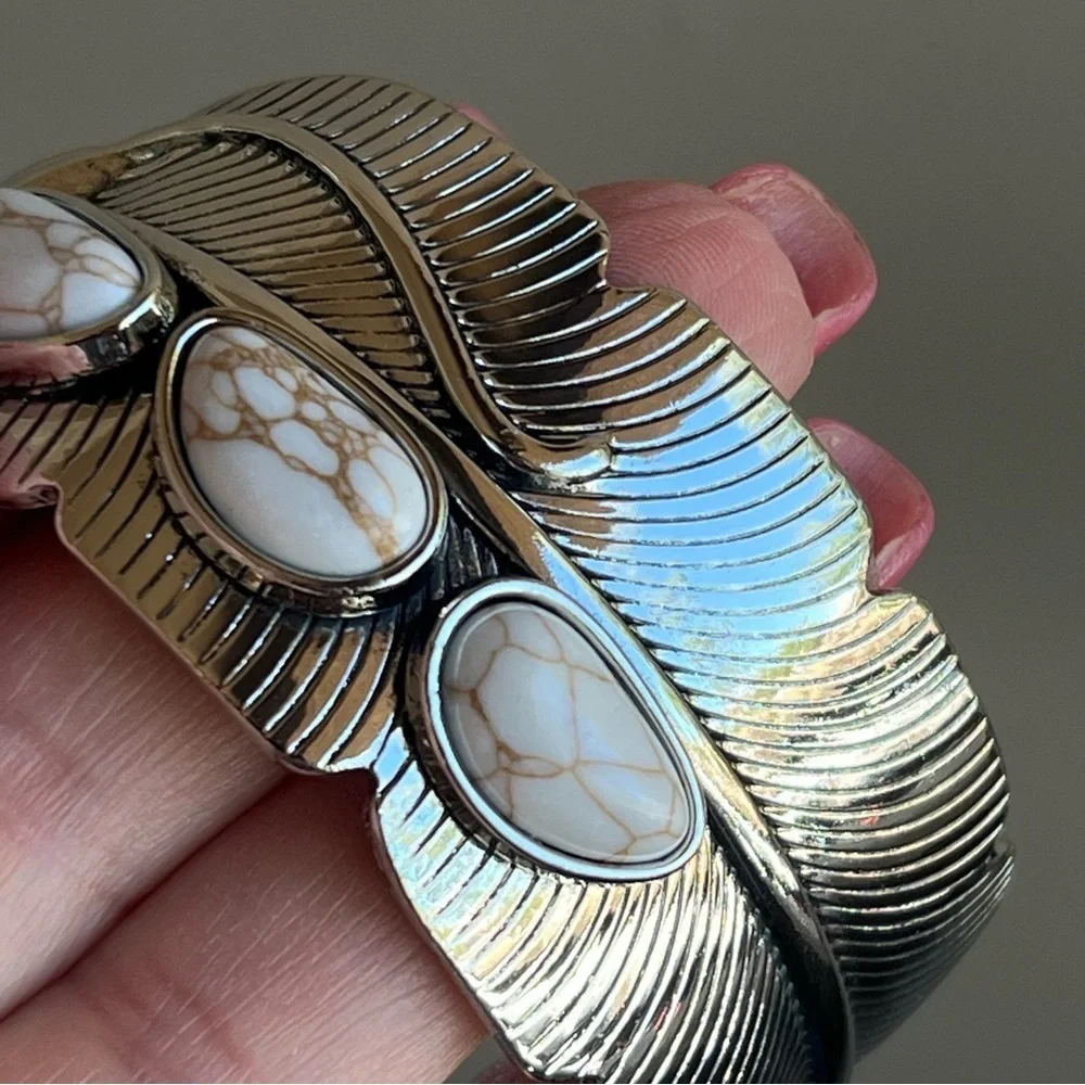Cuff Bracelet silver tone and cream colored stones, fashion jewelry